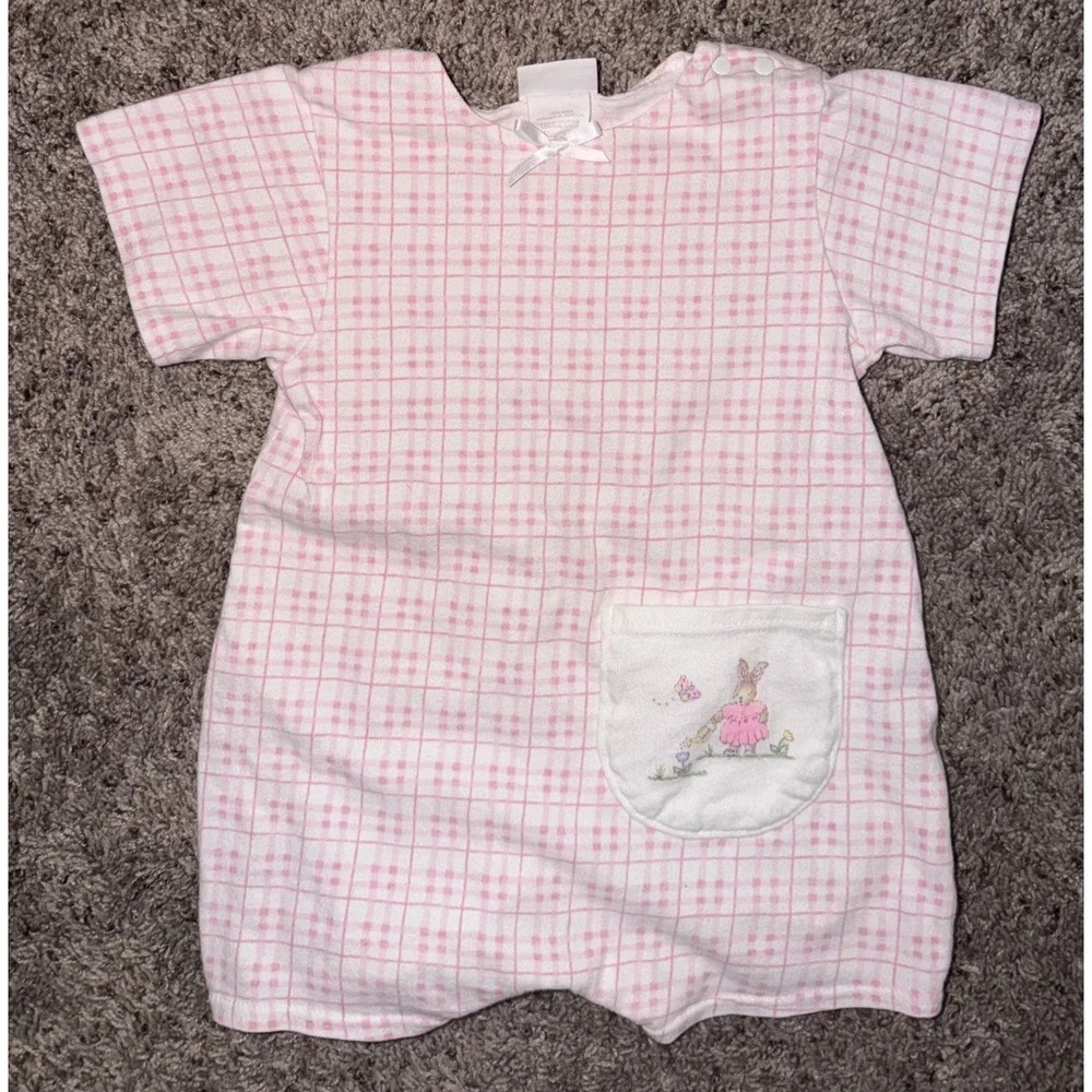 Vintage Carter's Baby Romper 9-12M‎ Pink Plaid Bunny On Pocket USA Made